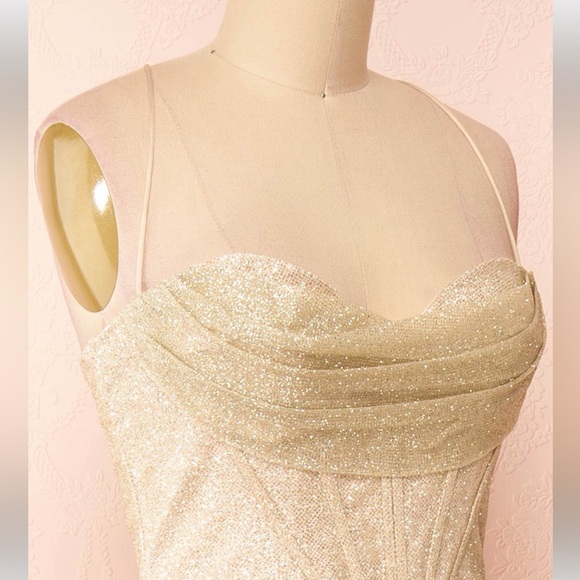 Cinderella Divine Champagne Sparkly Corset Dress with High Leg Slit - Picture 3 of 7